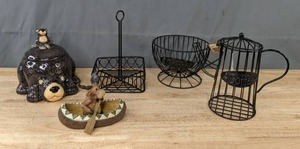 lot 108 image: NEW Decorative Wire Kitchen Coffee Organizers, Ceramic Bear Cookie Jar and More K