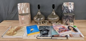 lot 131 image: Beautiful Pair of Buttercream Olivia Lamp Bases, (4) Lamp shades, & Assortment of Books Michale Jackson Inc, After Perfect, & More K