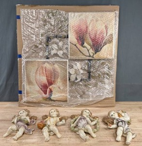 lot 132 image: Beautiful Set of (4) Porcelain Angel Figurines & Beautiful Floral Artwork K