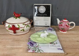 lot 126 image: NEW Xiehong Ceramics Teapot, Butterfly Linen, Victorian Rose Tablecloth, Deviled Egg Dish, & Cardinal Serving Bowl K