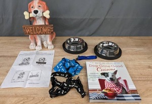 lot 127 image: Pet Supplies Dog Welcome Sign, Cookbook, Harness, & Bowls K
