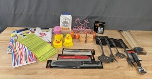 lot 162 image: Assortment of NEW Kitchen Items Knifes, Cooking Utensils, DishTowels, Scrubbers, Egg Slicer and More K
