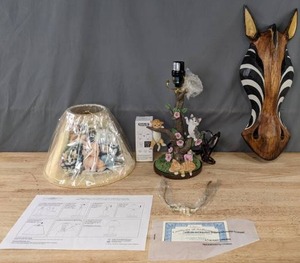 lot 137 image: LIMITED EDITION with COA&nbspJurgen Scholz Country Kitties Accent Lamp & Litton Lane 20 in. Carved Wood Zebra Wall Art K
