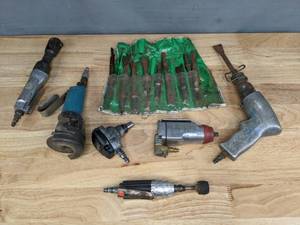 lot 155 image: Assorted Pneumatic Tools - 38 Butterfly Impact Wrench, Air Ratchet, Air Drill, Husky Pneumatic Impact Wrench, and More B