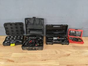 lot 98A image: Black and Decker Power Ratchet, Impact Wrench, Kobalt Socket Set, and Blu-Molt Saw Bits B