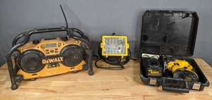 lot 66 image: DeWalt Cordless Variable Speed Jig Saw, Dewalt 1 Hour NiCd Worksite RadioCharger and Corded Work Light B