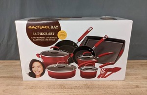 lot 27A image: NEW Rachel Ray 14 Piece Hard Enamel Cookware, Bakeware and Tools Set M