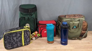 lot 195 image: Ozark Trails 6 Can Cooler, George Killians Cooler, Blender Bottle, Contigo Bottle, Embark Cooler, & More H