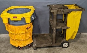 lot 251 image: Brown Janitors Cart and Garbage Can with Rubbermaid Rim Caddy and Tool Caddy Bag  M