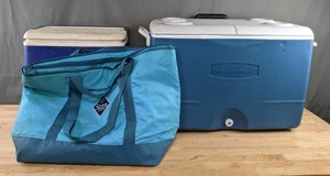 lot 244 image: Igloo Polar 32 Cooler, Large Blue Rubbermaid Cooler and Sams Club Bag Cooler M