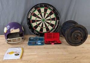 lot 245 image: Vikings Helmet, Viper Shot King Dart Board, Plastic Tip and Metal Darts, 13.2 lbs. Weights, Etc. M