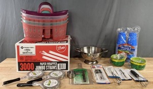 lot 231 image: Assortment of Paper Wrapped Jumbo Straws, Sterilite Bath Caddies, Meat Thermometer, Whisk, Serving Tongs, Peeler, Hefty Party Cups and More M