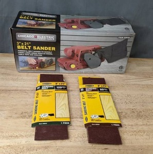 lot 238 image: Chicago Electric 3 x 21 Belt Sander and 120 Grit & 80 Grit Sanding Belts M