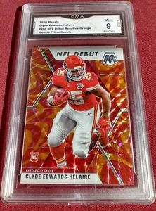 lot 118 image: 2020 Mosaic Clyde Edwards-Helaire Reactive Orange Rookie Card - GMA 9