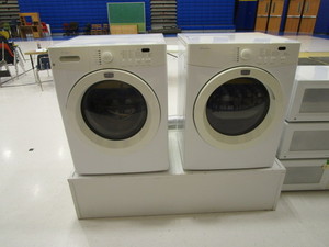lot 94 image: Frigidaire Front Load Washer & Electric Dryer wWood Pedestal Riser