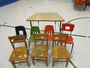 lot 124 image: Trapezoid Table & Small Student Chairs