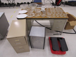 lot 265 image: Shop Cabinet, File Cabinet, Exerciser, Dishes