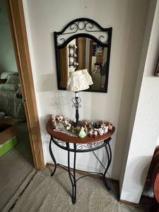 lot 156 image: Half Circle Wall Table, Everything on It & Wall Mirror