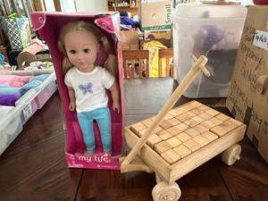 lot 218 image: Wood Wagon Full of Blocks & My Life Doll
