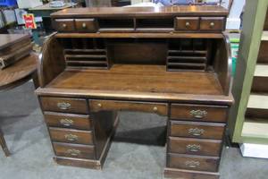 Wood Roll-Top Desk With 11 Drawers