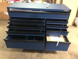 lot 2 image: Husky 72 in. W x 24 in. D Heavy Duty 18-Drawer Mobile Workbench Cabinet with Adjustable-Height Solid Wood Top in Matte Blue Customer Returns See Pictures