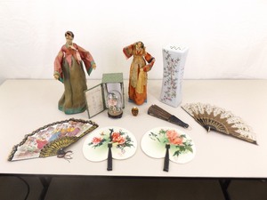 lot 46 image: Lot Vintage Asian Decor, Cloth Dolls, Fans, etc.