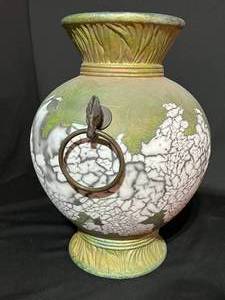 lot 30 image: Tony Evans Raku Large Pottery Vase with Horse Head Handles