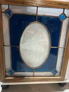 lot 90 image: Framed Stained Glass - Blue and Clear with Etched Palm Tree