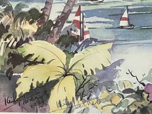 lot 93 image: Vintage Signed Keiko Thomas Hawaii Water Color Print Habiscus Flower Diamond Head