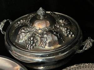 lot 23 image: Lot of 5 Metal and Glass Serving Dishes