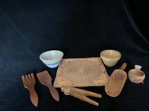 lot 28 image: Vintage Crock Bowls, Trivet, Wood Nutcracker, Scoops and Salad Tongs