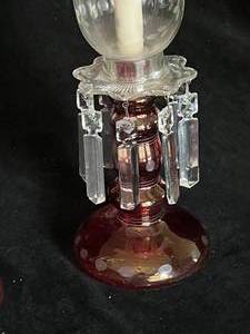 lot 40 image: Vintage Cranberry Glass Hurricane Candle Holders with Prisms