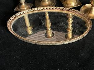 lot 39 image: Mirrored Vanity Tray with 4 Metal Candlesticks