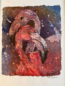 lot 73 image: Water Medium Flamingos Framed Art by Carol Spohn
