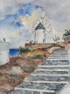 lot 32 image: Framed Watercolor Windmill signed by A. Petromichelokis