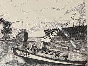 lot 113 image: Pair of Boat Drawings by V. Olson
