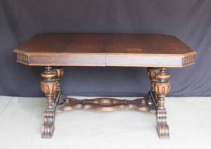 lot 66 image: Vintage 1923 Jacobean style wood dining table with 2 leaves, 6 Harp chairs (one with arms)