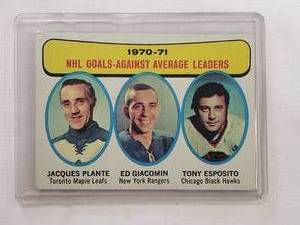 lot 33 image: 1970-71 NHL Goals Against Avg Leaders Tony Esposito, Ed Giacomin, Jacques Plante Topps No. 6