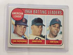 lot 113 image: 1968 Batting Leaders Carl Yastrzemski, Danny Cater, Tony Olivia Topps No. 1