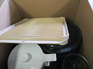 box of kitchen items and vases ...