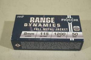 lot 56 image: 50 Fiocchi Range Dynamics 9mm Luger 115 Gr FMJ Ammo