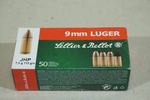 lot 57 image: 50 Sellier & Bellot 9mm Luger 115 Gr JHP Ammo