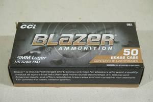 lot 58 image: 50 CCI Blazer Brass 9mm Luger 115 Gr FMJ Ammo