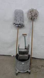 Galvanized mop bucket, towels &  2 - mops
