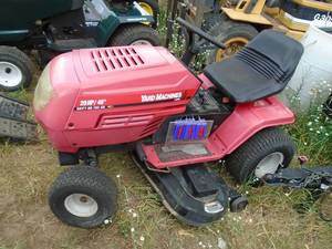 lot 114 image: Yard Machine 20 hp twin. 38 deck. Good running used machine. May need battery. Tested & works. As shown. THIS ITEM HAS A RESERVE.