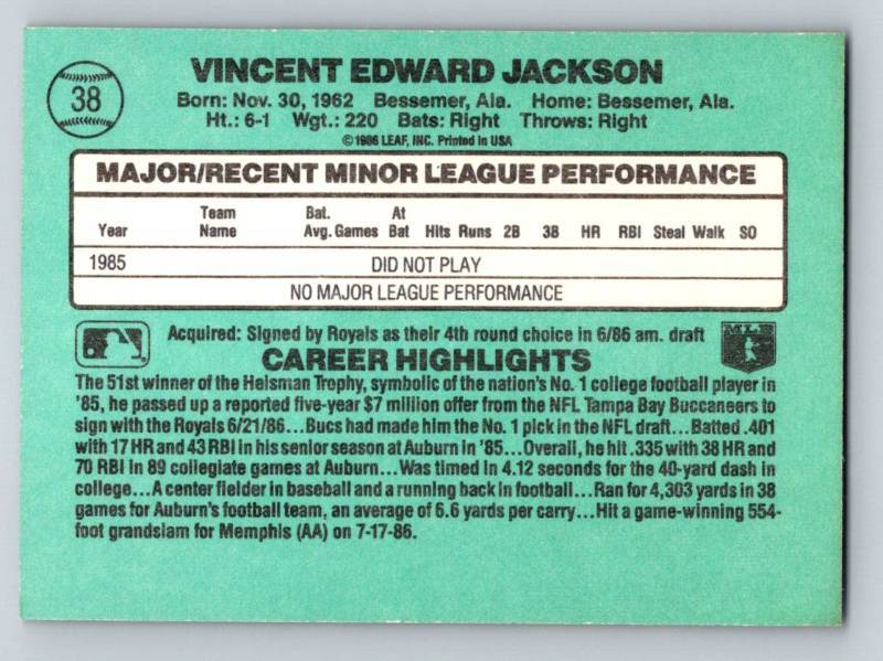  1986 Donruss the Rookies Baseball #38 Bo Jackson