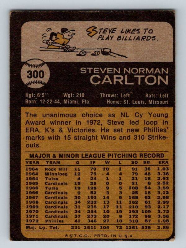 lot 102 image: 1973 Topps Steve Carlton #300 Vintage Baseball Card