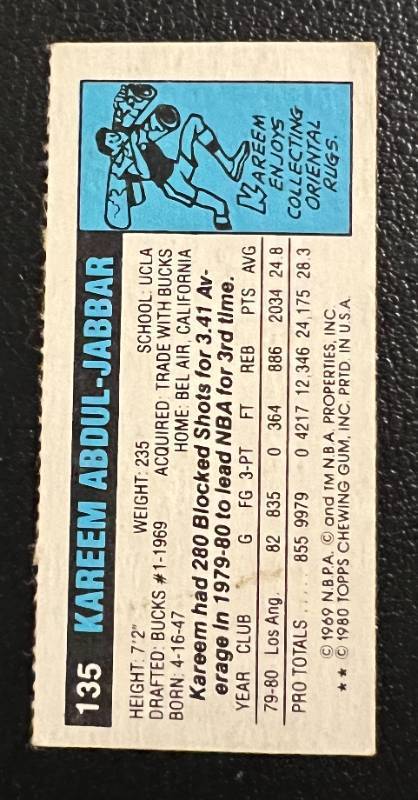 lot 180 image: 1980 Topps Kareem Abdul-Jabbar #125 Vintage Basketball Card