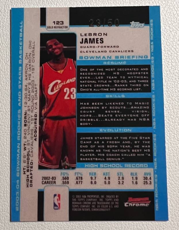 lot 182 image: REPRINT - 2003 Bowman Chrome Lebron James Rookie Card #123 - REPRINT