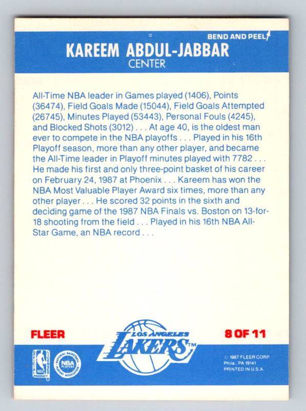 lot 186 image: 1987 Fleer Sticker Kareem Abdul-Jabbar #8 Vintage Basketball Card